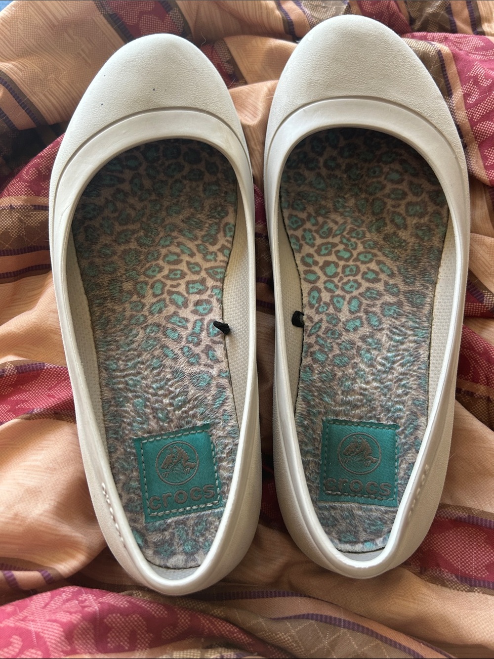 CROCS Women's Cream Ballet Flats with Teal Leopard Insole